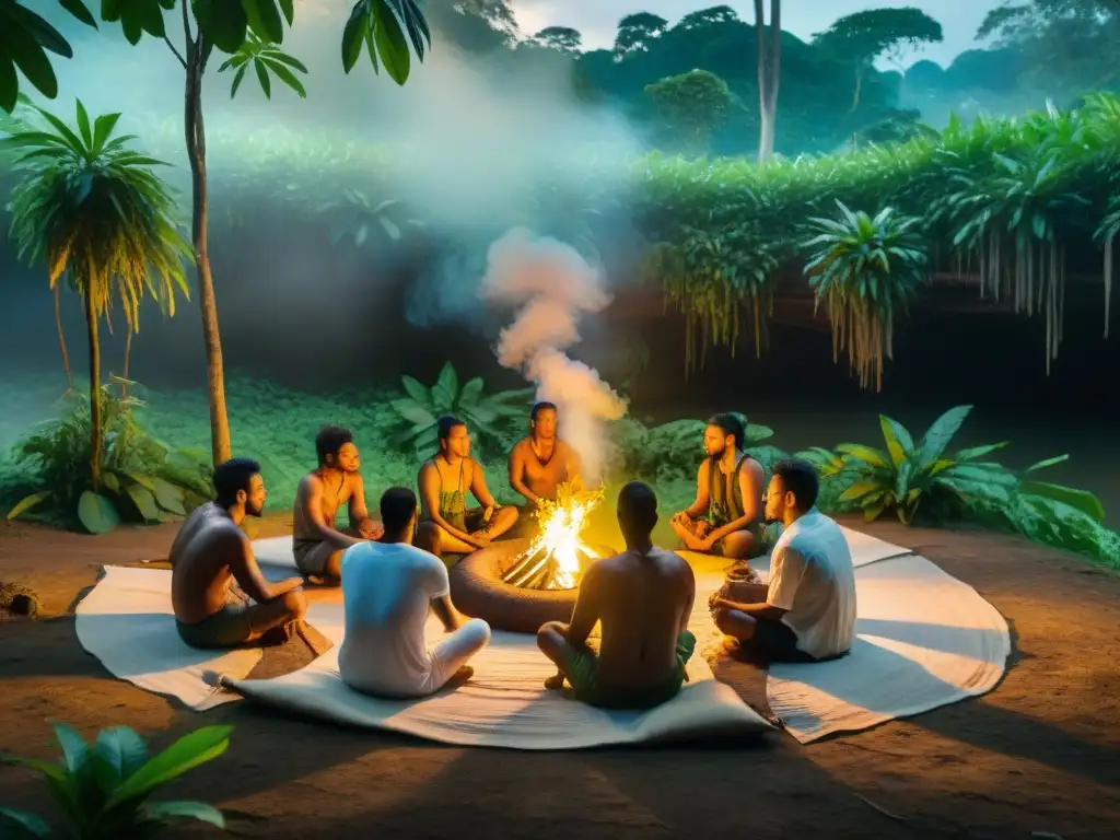 Resurgimiento de enteógenos en prácticas: Ceremonia de ayahuasca en la selva amazónica, shaman guía ritual junto a participantes en introspección