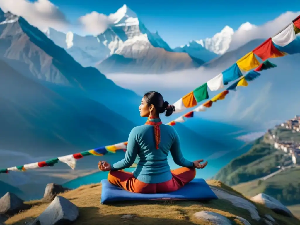 Retiro de yoga en el Himalaya: meditación en la cima con banderas de oración y montañas nevadas