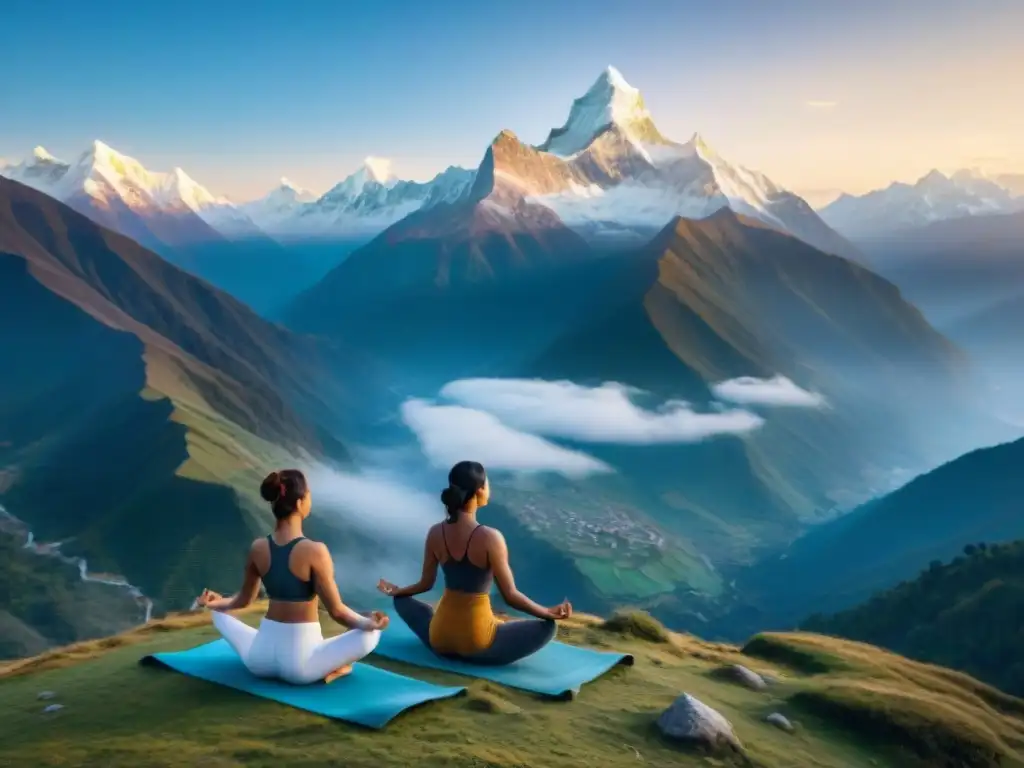 Retiro de yoga en el Himalaya: grupo en equilibrio practica al amanecer con montañas nevadas de fondo