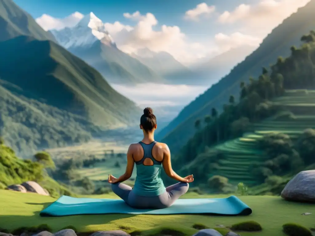 Retiro de yoga en el Himalaya: equilibrio y paz en la naturaleza con diversas personas practicando posturas de yoga en un entorno sereno y majestuoso