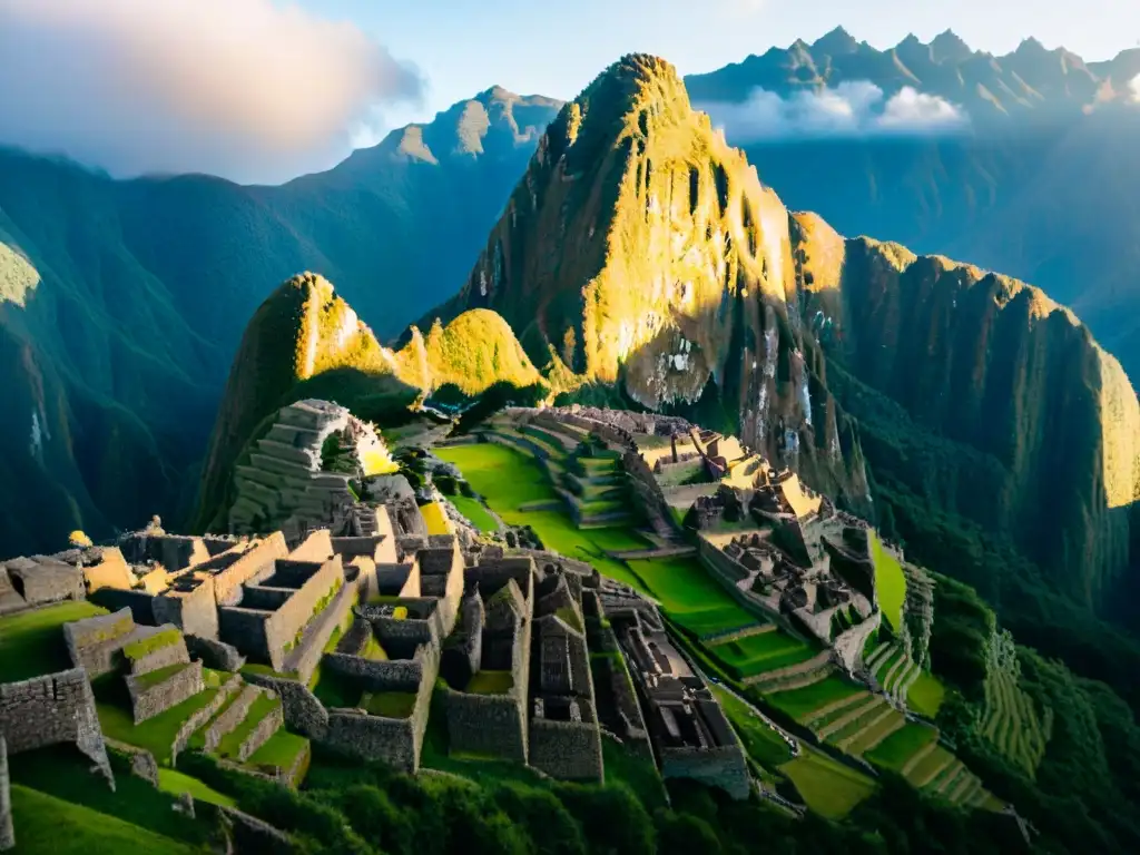 Retiro espiritual en Machu Picchu: Vista aérea al amanecer de las ruinas iluminadas por la luz del alba, rodeadas de montañas brumosas