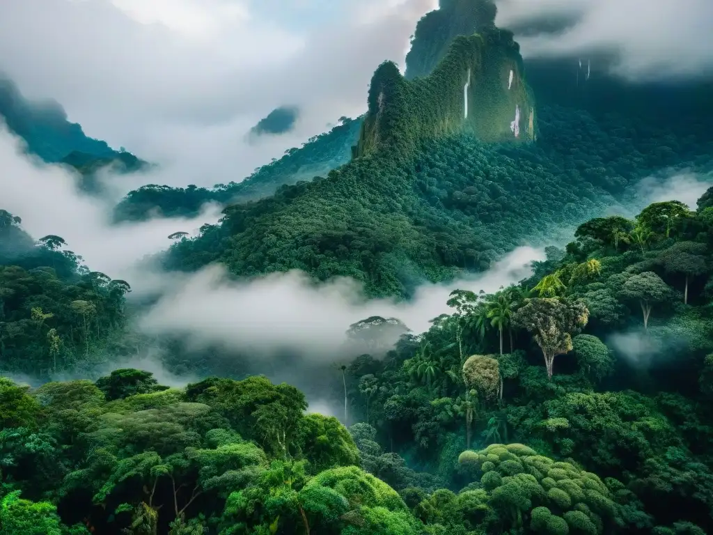 Retiro espiritual en la Amazonía: exuberante selva verde con árboles altos, follaje vibrante y suave neblina en el aire