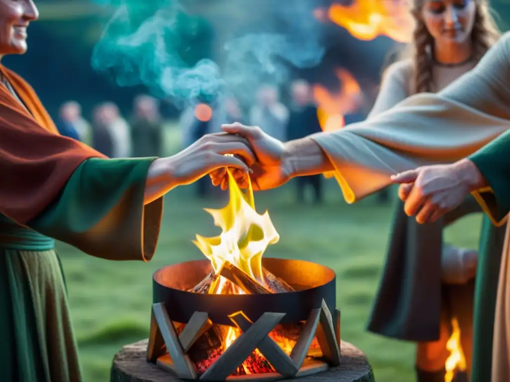 Retiro espiritual en Irlanda celta: Personas en ritual alrededor de fogata en paisaje verde