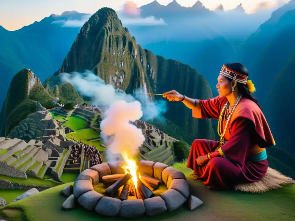 Retiro espiritual en Machu Picchu: Un chamán realiza una ceremonia al amanecer entre las ruinas, envuelto en humo de incienso