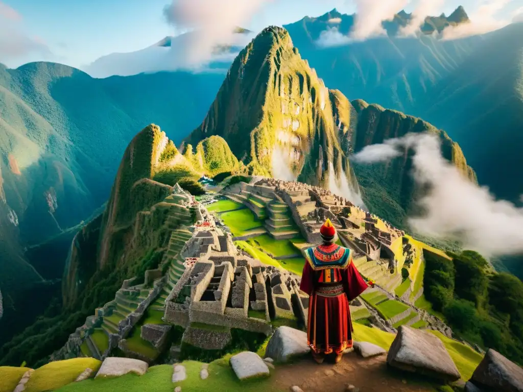 Retiro espiritual en Machu Picchu: Un chamán realiza un ritual sagrado al amanecer entre ruinas doradas y montañas envueltas en neblina