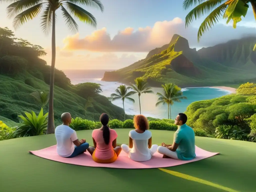 Retiro espiritual en Kauai, Hawai: grupo en meditación en círculo, vestidos de blanco, en un entorno idílico al atardecer junto al mar