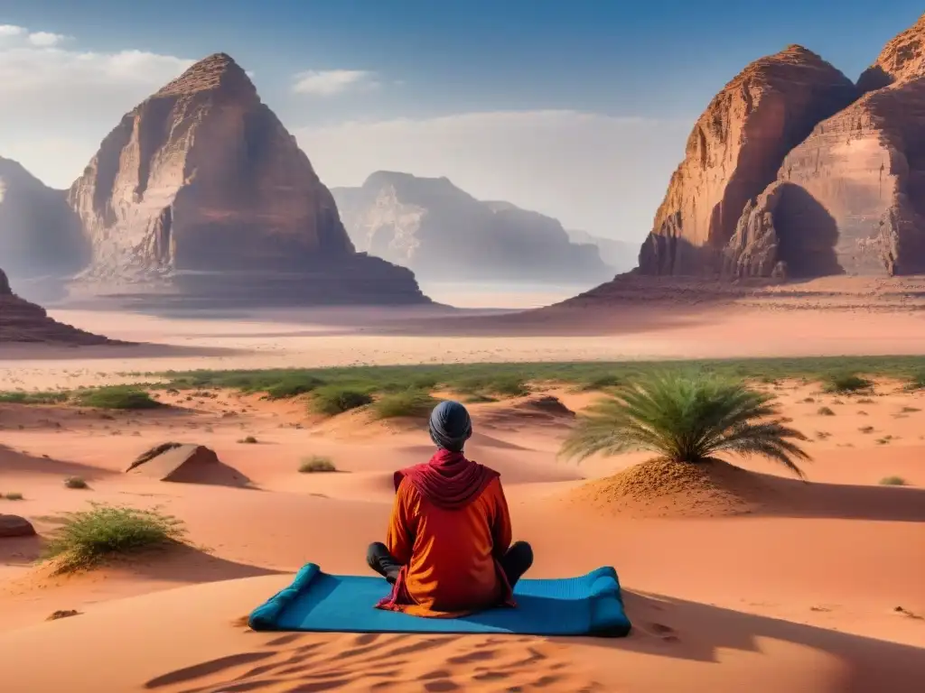 Un retiro espiritual en Wadi Rum: meditación en el desierto entre acantilados rojizos, bajo un cielo azul sereno