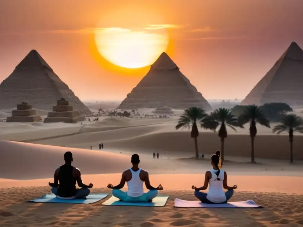 Retiro espiritual en las pirámides de Egipto al atardecer, meditación y yoga en el desierto