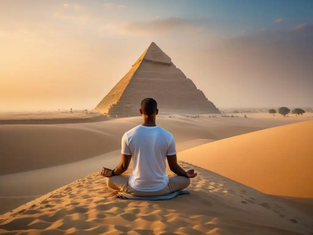 Retiro espiritual al amanecer entre pirámides en Egipto, meditación profunda en la tranquilidad del desierto