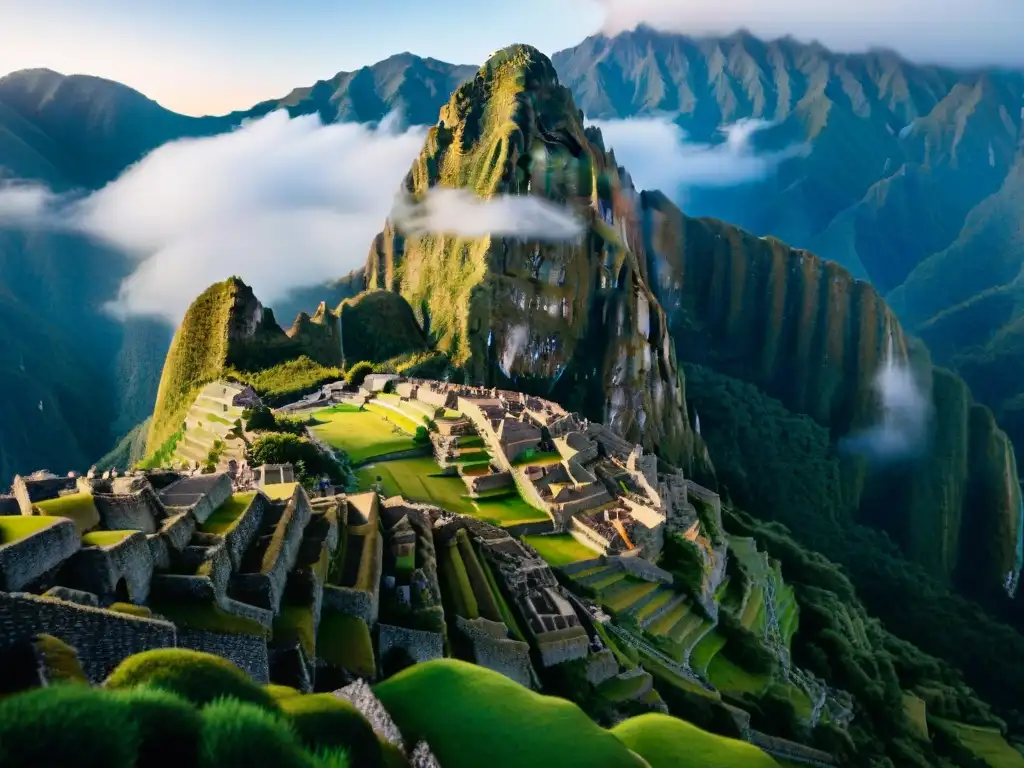 Retiro espiritual en Machu Picchu: primera luz del amanecer ilumina las ruinas antiguas, con figura en meditación y atmósfera mística