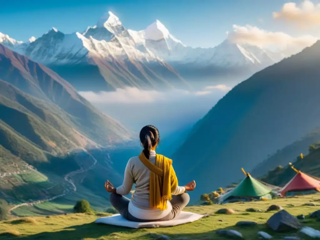 Retiro de yoga en el Himalaya: paisaje idílico con montañas nevadas, valles verdes y banderas de oración, equilibrio y armonía al amanecer