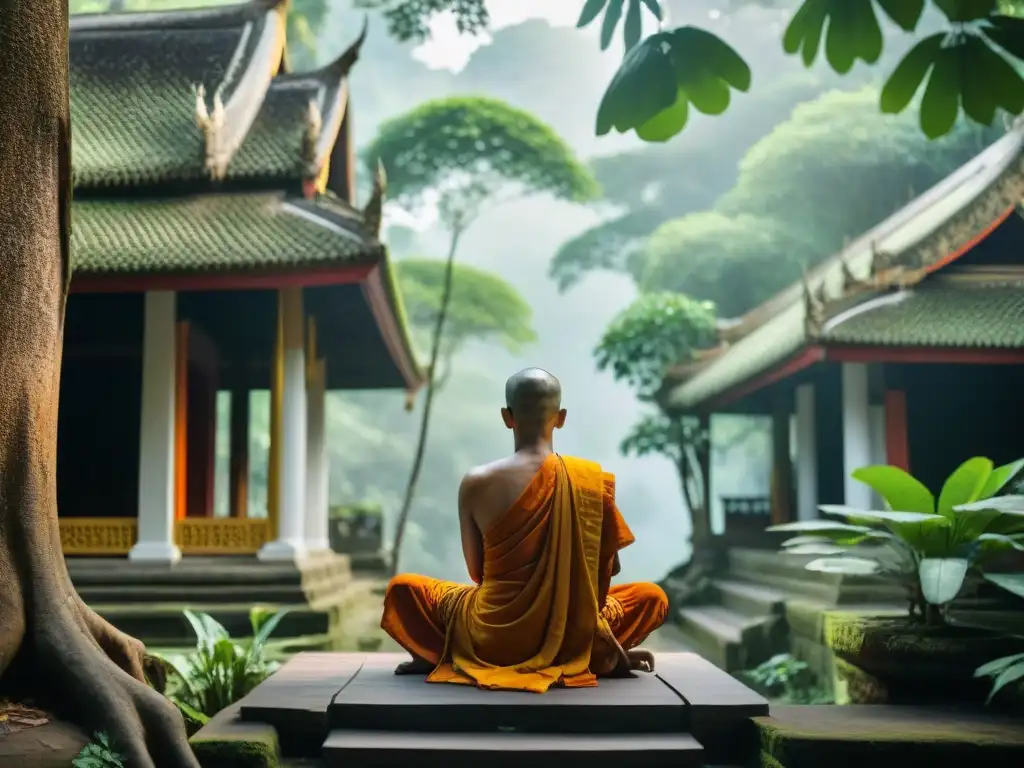 Retiro de silencio en Tailandia: Monje budista en templo forestal, expresión serena en entorno tranquilo y espiritual