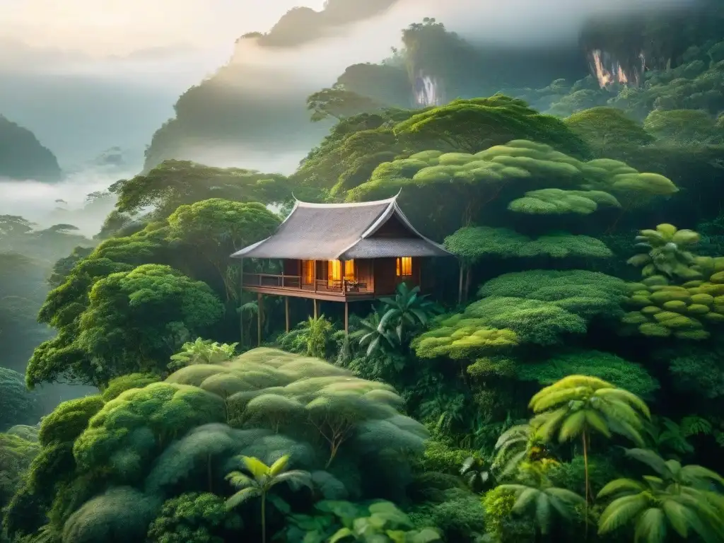 Retiro de silencio en Tailandia: bosque exuberante con cabaña de madera, neblina matutina y luz dorada entre los árboles