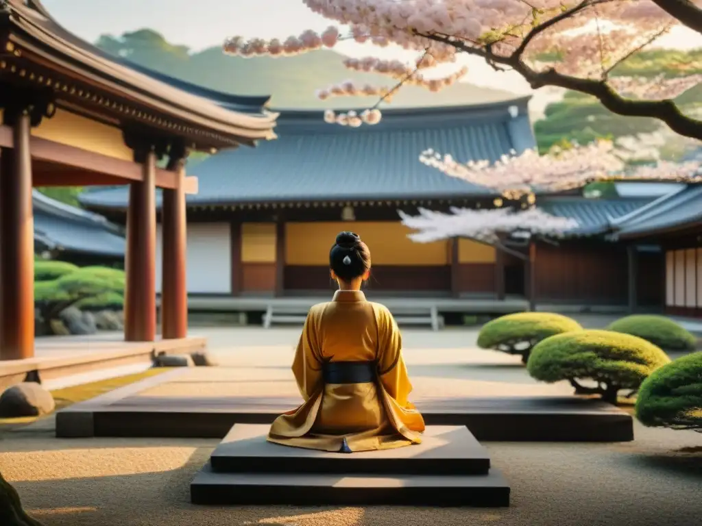 Retiro de meditación en templo zen de Kyoto, paz y serenidad bajo un cerezo en flor