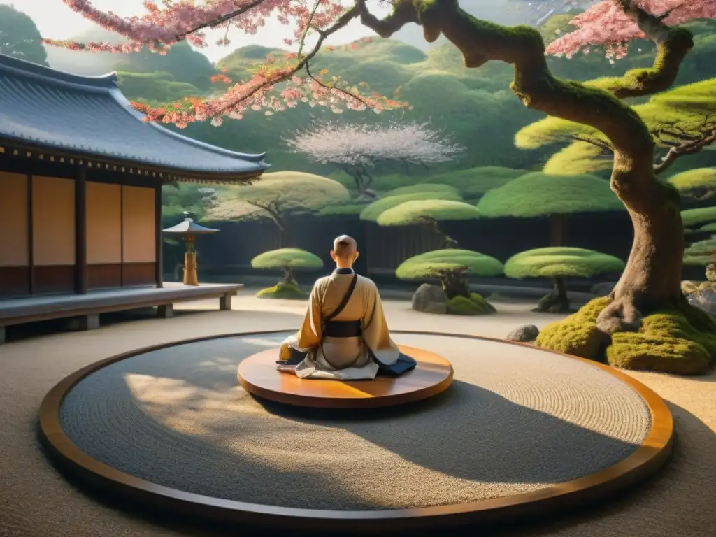 Retiro de meditación en templo zen en Kyoto: jardín sereno, bonsáis, casa de té y monje meditando bajo cerezo en flor