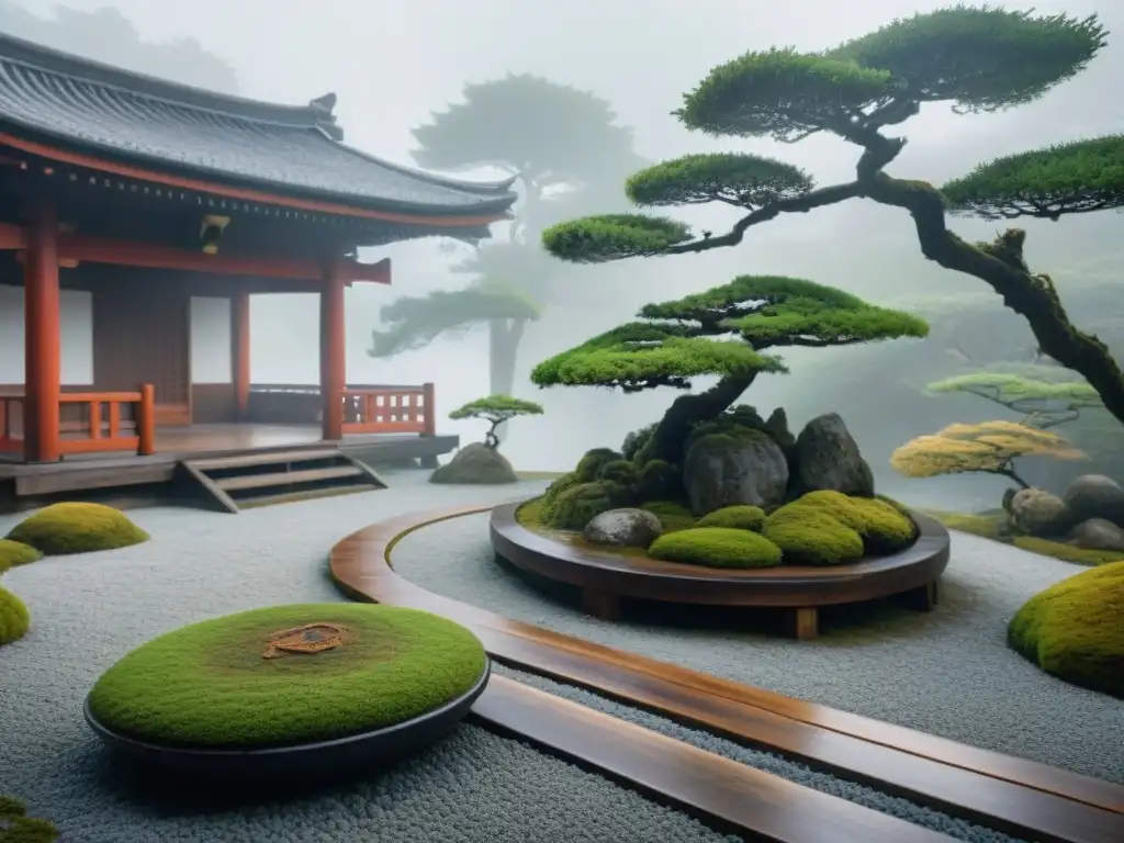 Retiro zen en Japón meditación: Jardín Zen japonés al amanecer, con neblina y bonsái