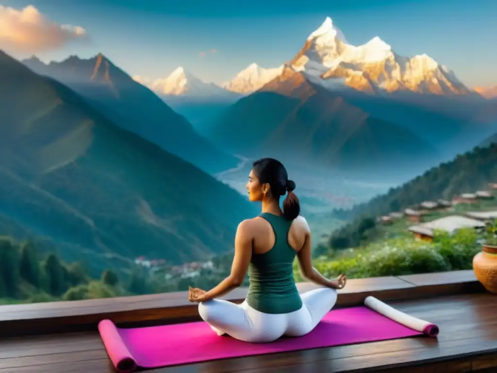 Retiros de yoga en el Himalaya: amanecer dorado sobre picos nevados, yoguis en equilibrio entre montañas