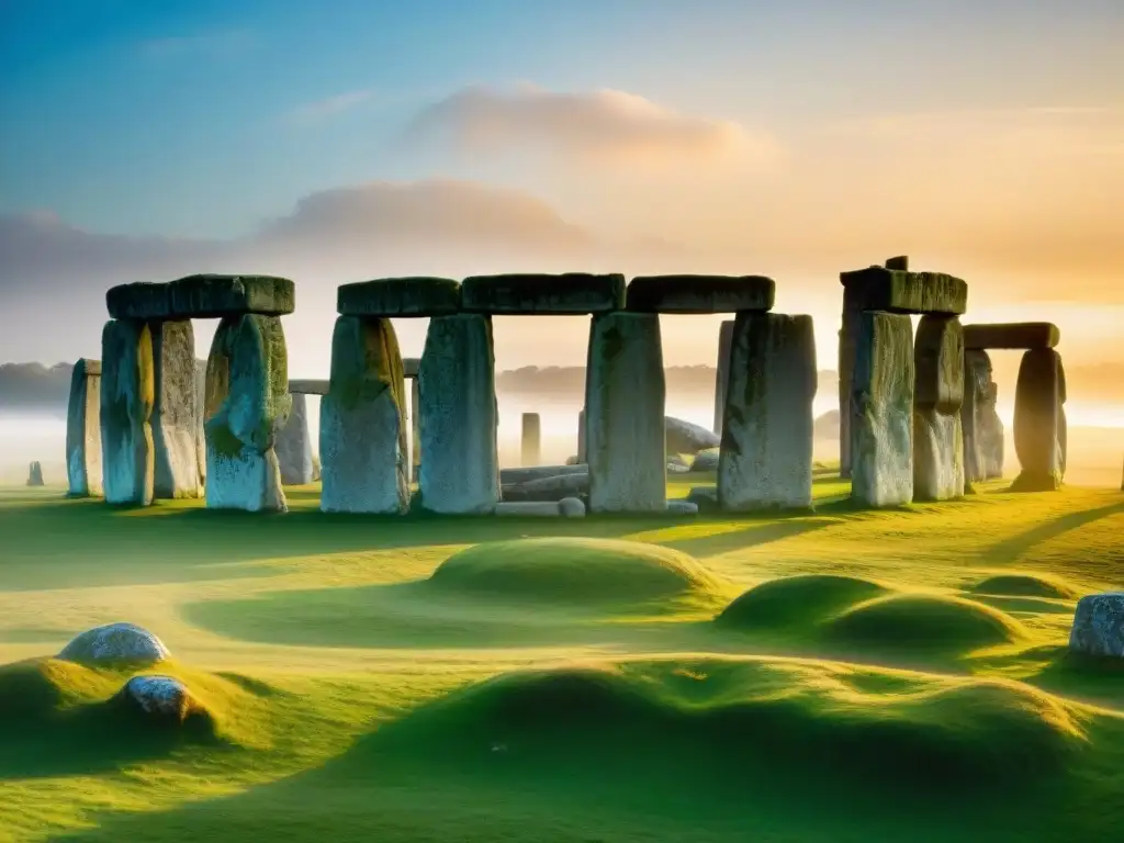 Retiros espirituales en Stonehenge: Amanecer místico en el círculo de piedras con niebla matinal y meditación silueteada al fondo