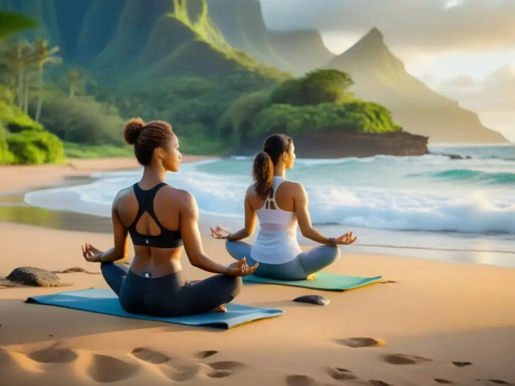 Retiros espirituales en Kauai Hawai: grupo practicando yoga en la playa al amanecer, rodeados de naturaleza y calma