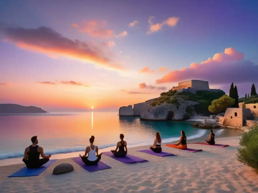 Retiros espirituales en Islas Griegas: Atardecer sereno en playa griega con yoga, ruinas antiguas y colores vibrantes