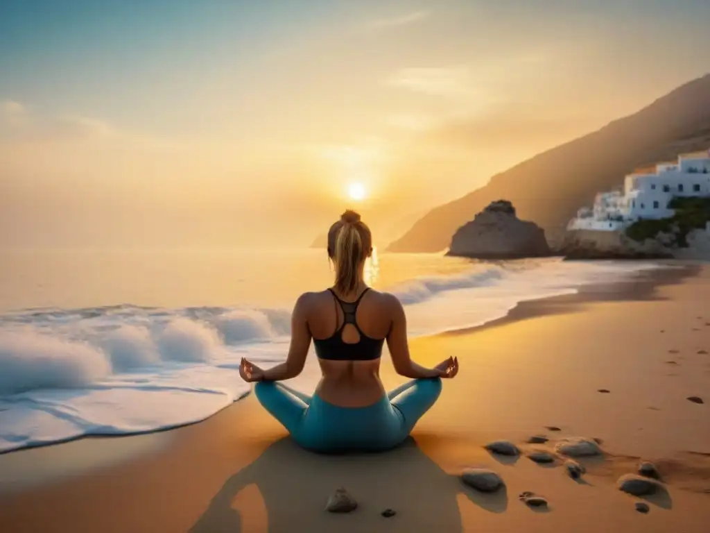 Retiros espirituales en Islas Griegas: Practicantes de yoga al amanecer en una playa solitaria, con olas suaves y cielos dorados