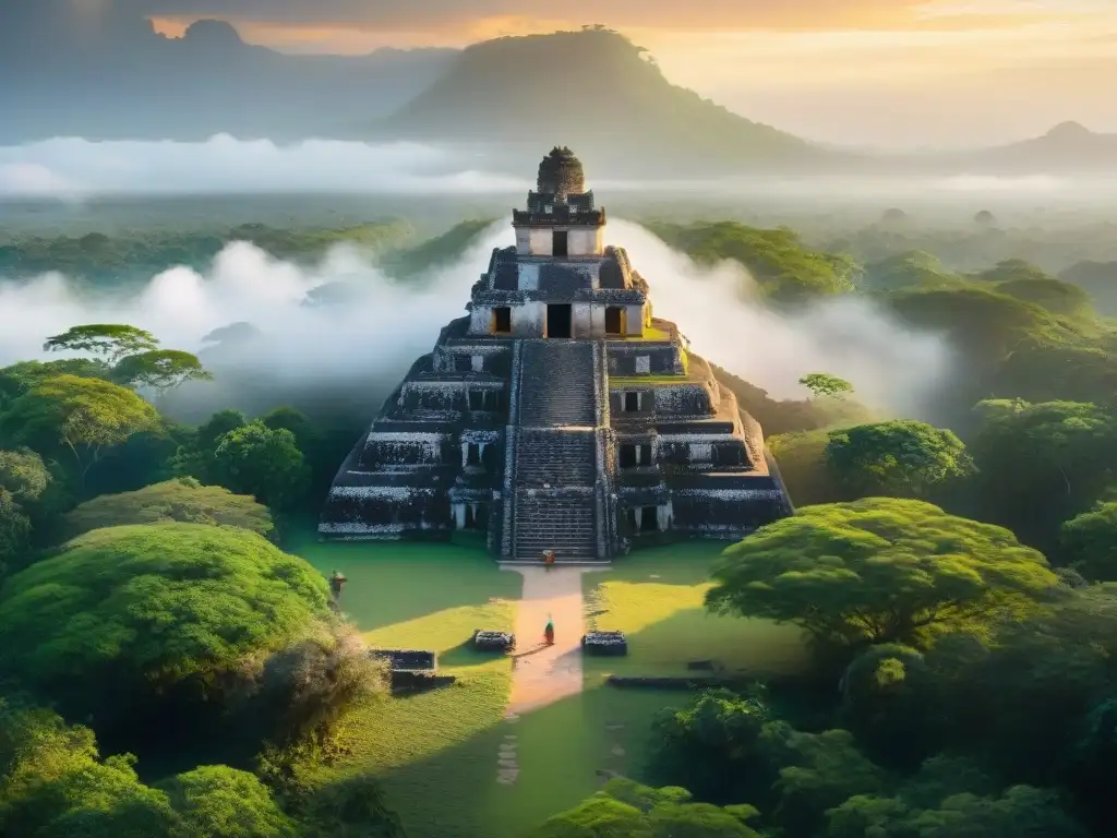 Retiros espirituales mayas en Yucatán: Luz dorada de amanecer entre ruinas mayas en la selva, aves tropicales y meditación