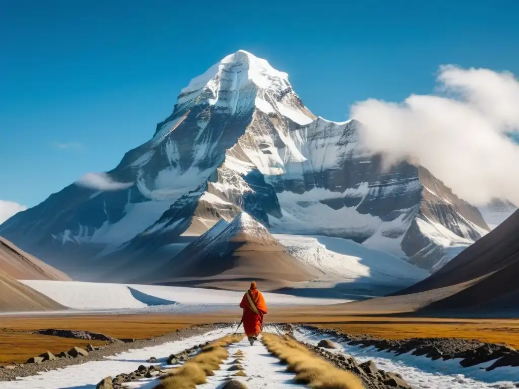 Retiros espirituales en el misterioso Monte Kailash: majestuoso pico sagrado, cielo azul y peregrinos realizando kora