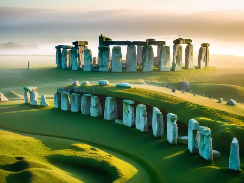 Retiros espirituales en Stonehenge: Amanecer místico entre las antiguas piedras, visitantes en meditación