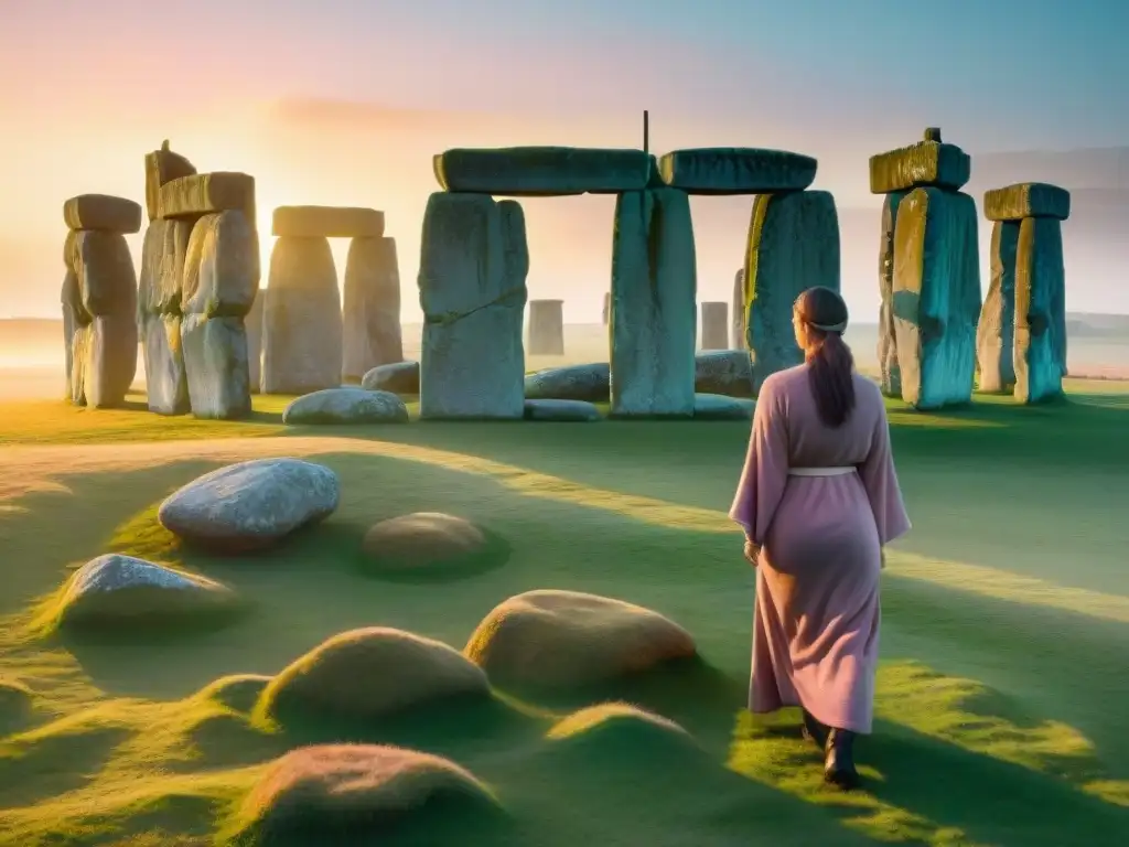 Retiros espirituales en Stonehenge: Amanecer místico entre piedras antiguas, meditación en silencio bajo cielos rosados y dorados