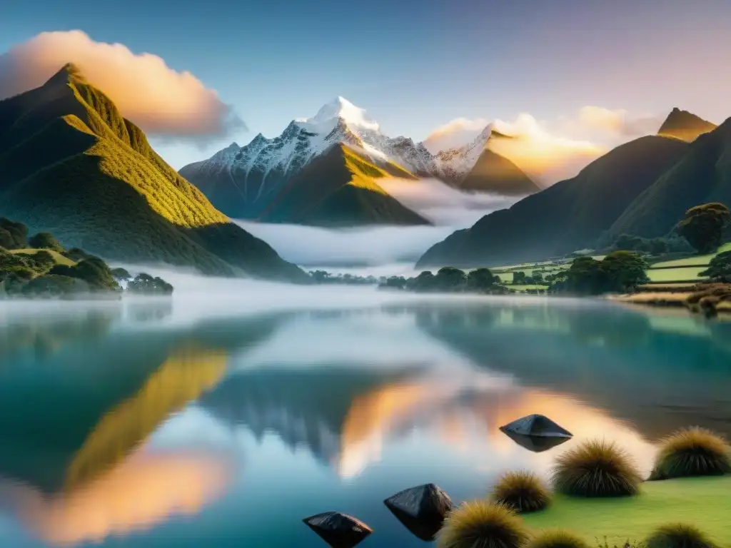 Retiros espirituales en Nueva Zelanda: Amanecer sereno sobre montañas brumosas y lago tranquilo reflejando colores vibrantes del cielo