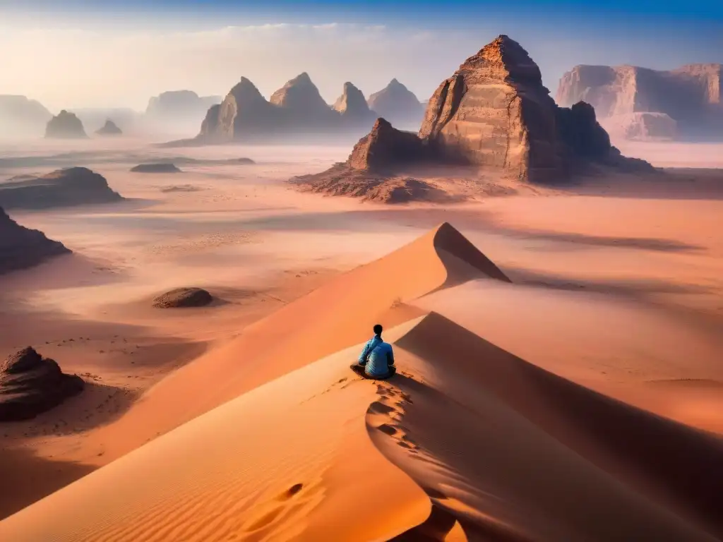 Retiros espirituales en Wadi Rum: Paisaje desértico majestuoso con formaciones rocosas y dunas de arena, figura meditando en soledad