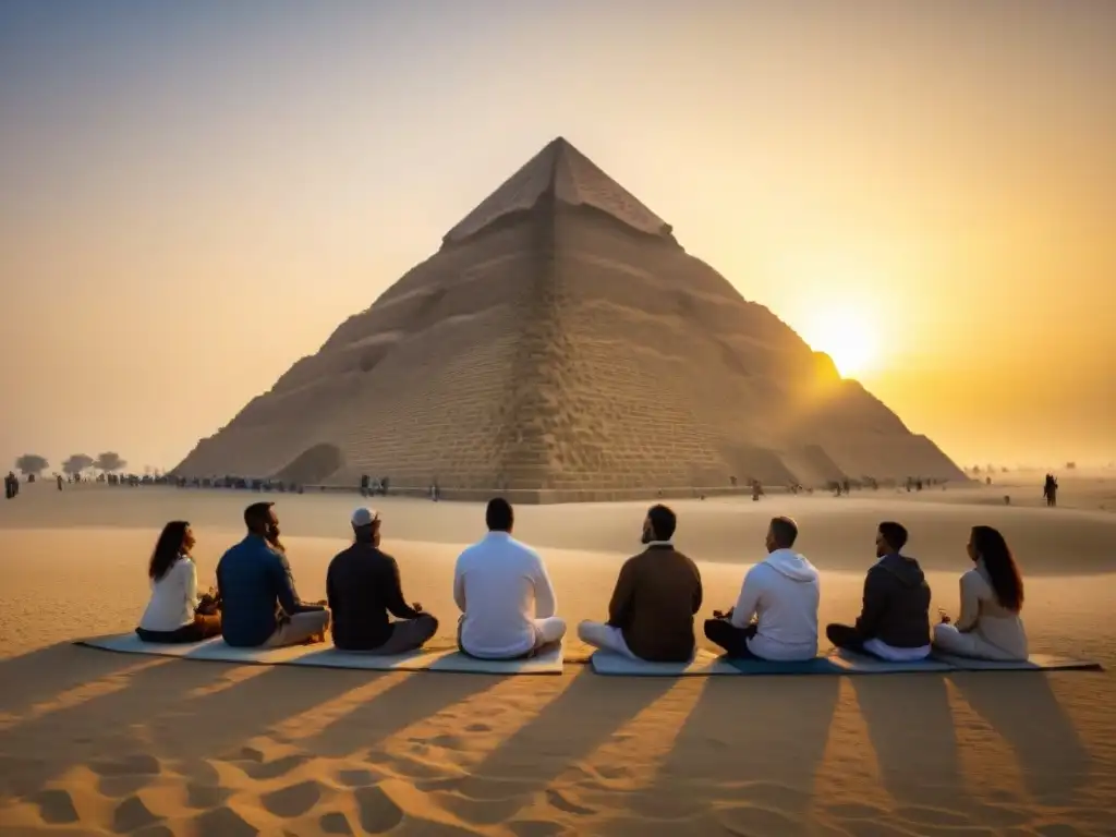 Retiros espirituales en las pirámides de Egipto al amanecer, grupo meditando con serenidad