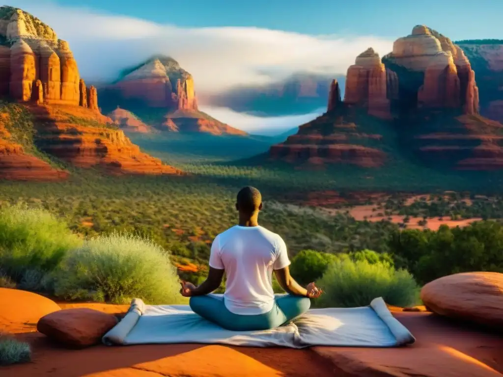 Retiros espirituales en Sedona: grupo meditando en paisaje vibrante, transmitiendo paz y transformación