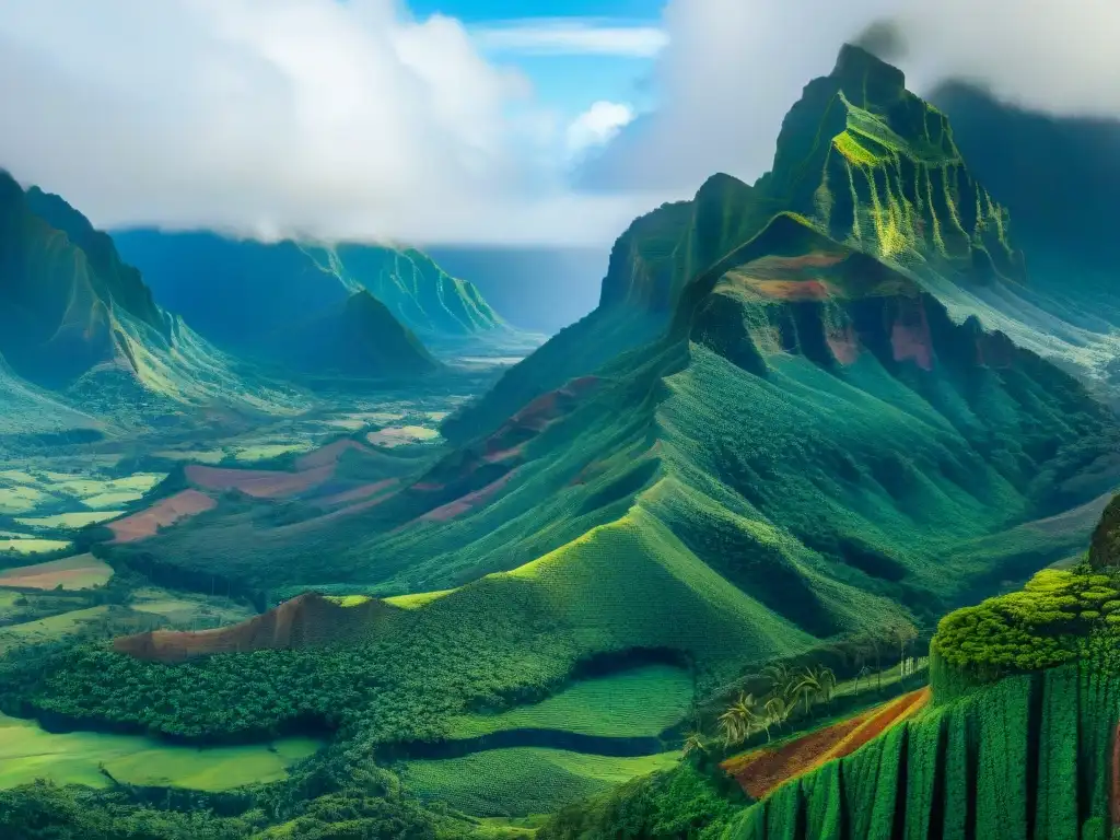 Retiros espirituales en Kauai Hawai: Vista panorámica de las exuberantes montañas verdes bajo un cielo azul con nubes blancas