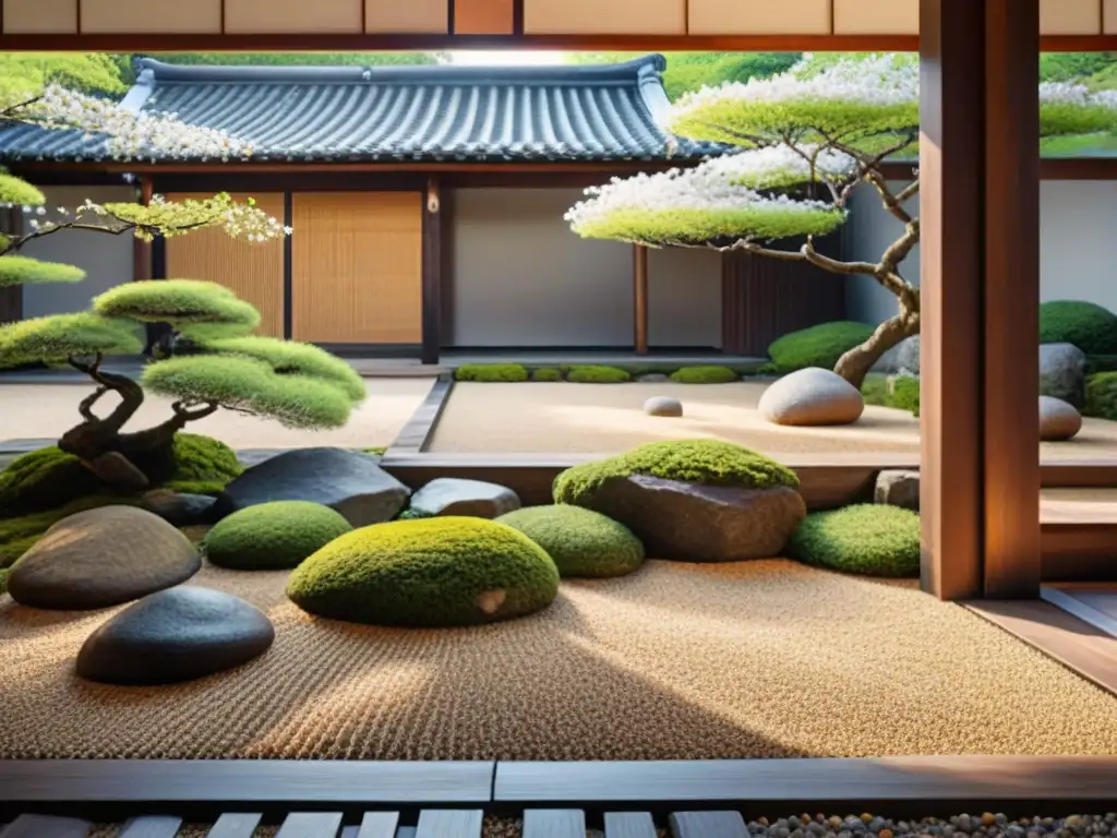 Retiros zen en Japón meditación: Jardín Zen japonés con rocas, grava y árboles, revelando una casa de té y paz interior