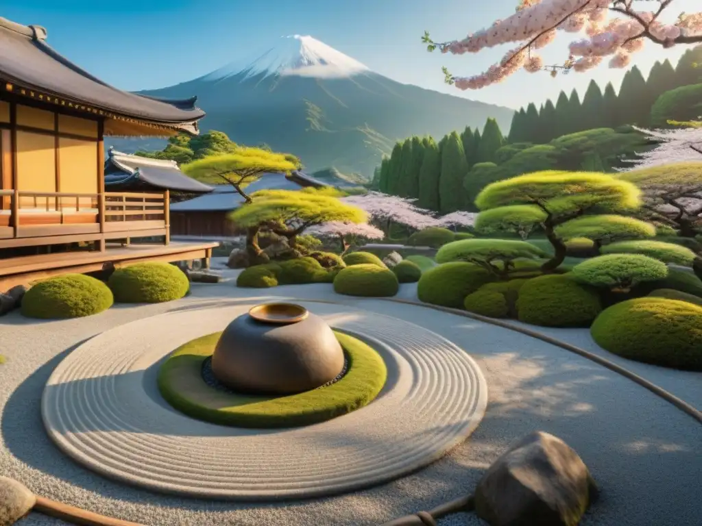 Retiros zen en Japón meditación: Jardín Zen en Kyoto con patrones de grava, vegetación exuberante y cabaña de meditación rodeada de cerezos en flor