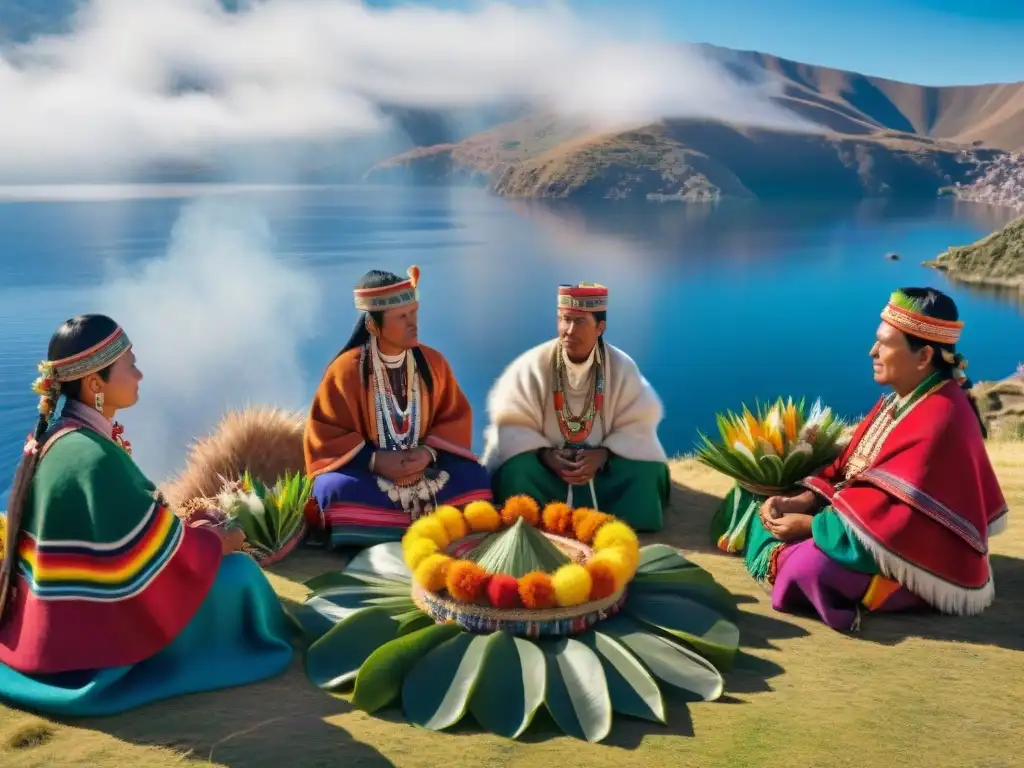 Retiros místicos espiritualidad Andina: Ceremonia espiritual en el Lago Titicaca con participantes en trajes tradicionales y ofrendas