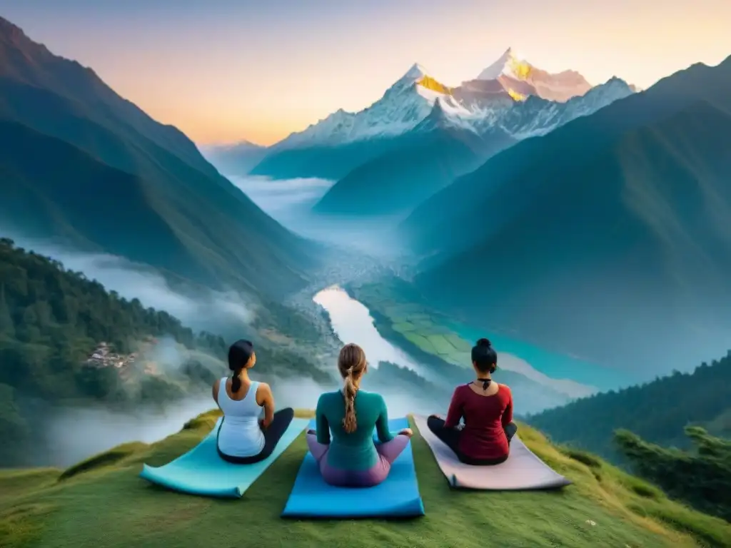 Retiros de yoga en el Himalaya: amanecer sereno sobre majestuosas montañas, yoguis en equilibrio en la naturaleza