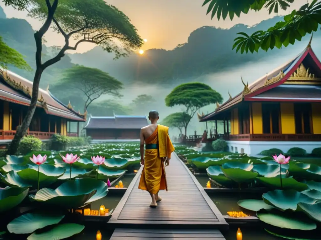 Retiros de silencio en Tailandia: Monjes pasean por un centro de meditación tailandés, rodeado de naturaleza y serenidad