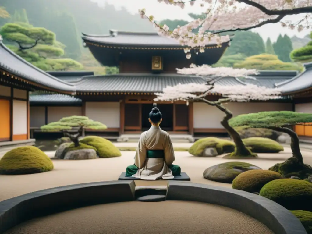 Retiros de meditación en templos zen de Kyoto: Jardín zen en Kyoto con monje meditando bajo un bonsái, templos antiguos y cerezos en flor