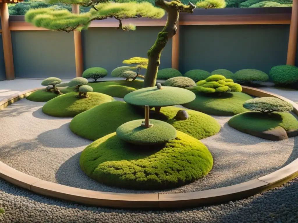 Retiros de meditación en templos zen de Kyoto, un jardín japonés tradicional con bonsáis, pagoda de piedra y templo en la distancia