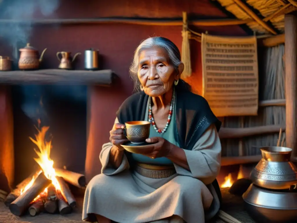 Retrato de una anciana indígena con arrugas, sabias miradas y taza de té, rodeada de símbolos tribales en una choza iluminada por fuego