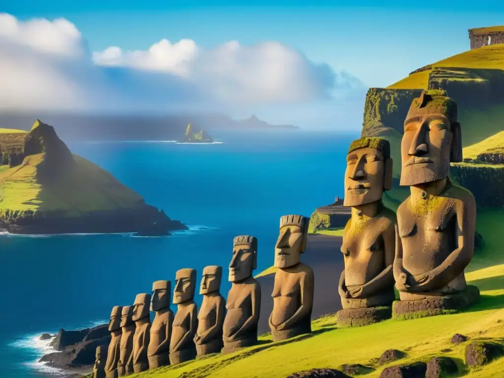 Un retrato detallado de los icónicos Moáis de Rapa Nui, con secretos grabados en piedra