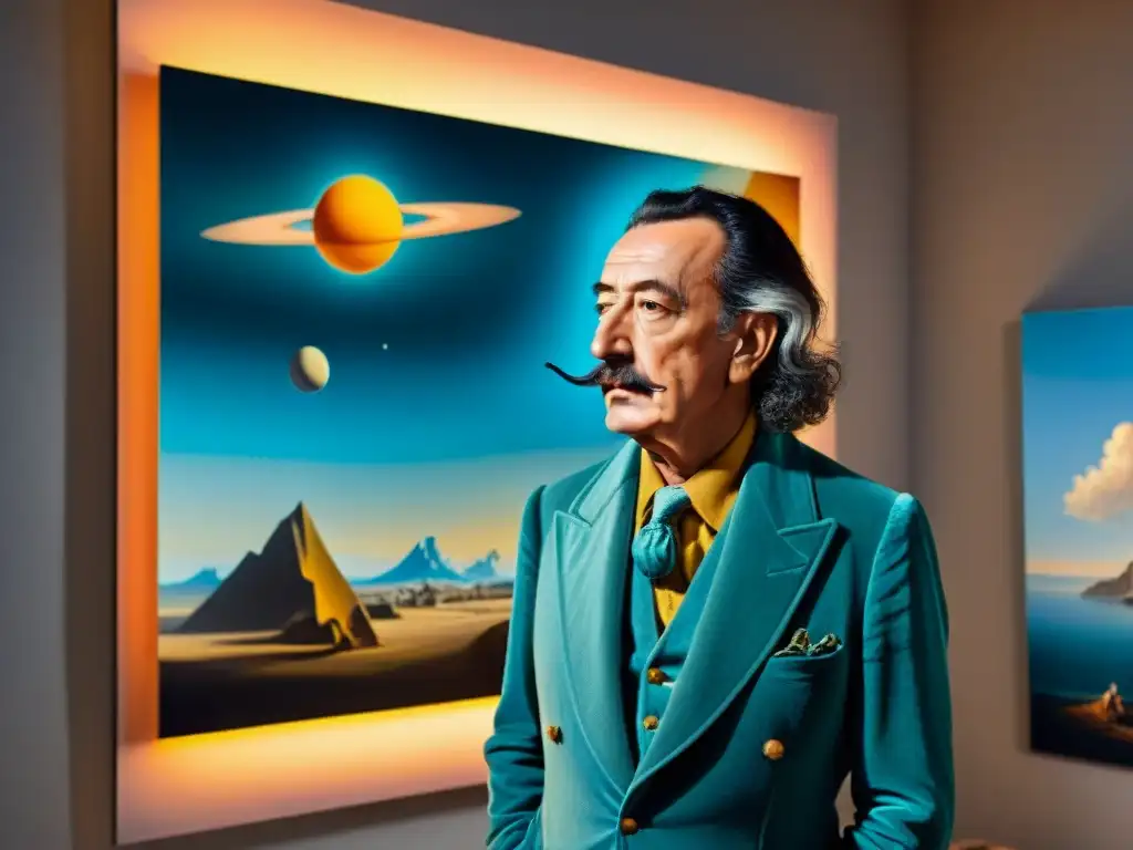 Retrato documental de Salvador Dalí en su estudio, con su mirada intensa y atuendo excéntrico, contemplando un cuadro surrealista