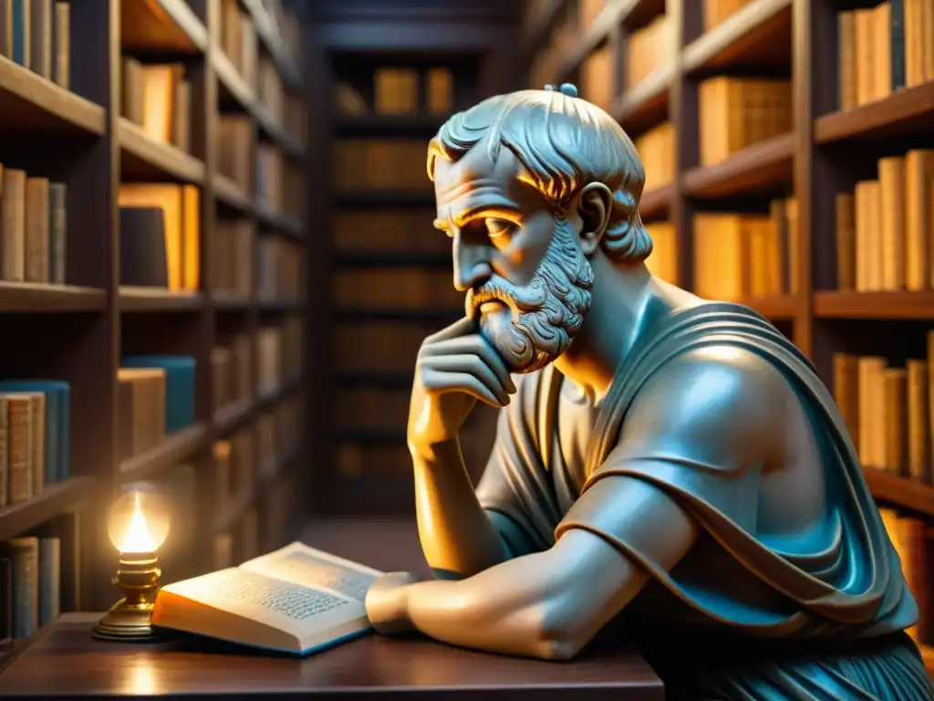 Retrato de un filósofo griego antiguo en una biblioteca iluminada, rodeado de libros y pergaminos, reflejando sabiduría y contemplación
