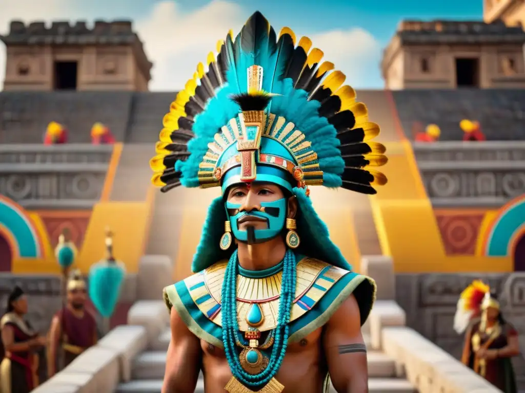 Retrato de la nobleza azteca en un palacio opulento, con joyas de oro y un tocado de plumas, rodeado de escenas de lujo y guerra en Tenochtitlan