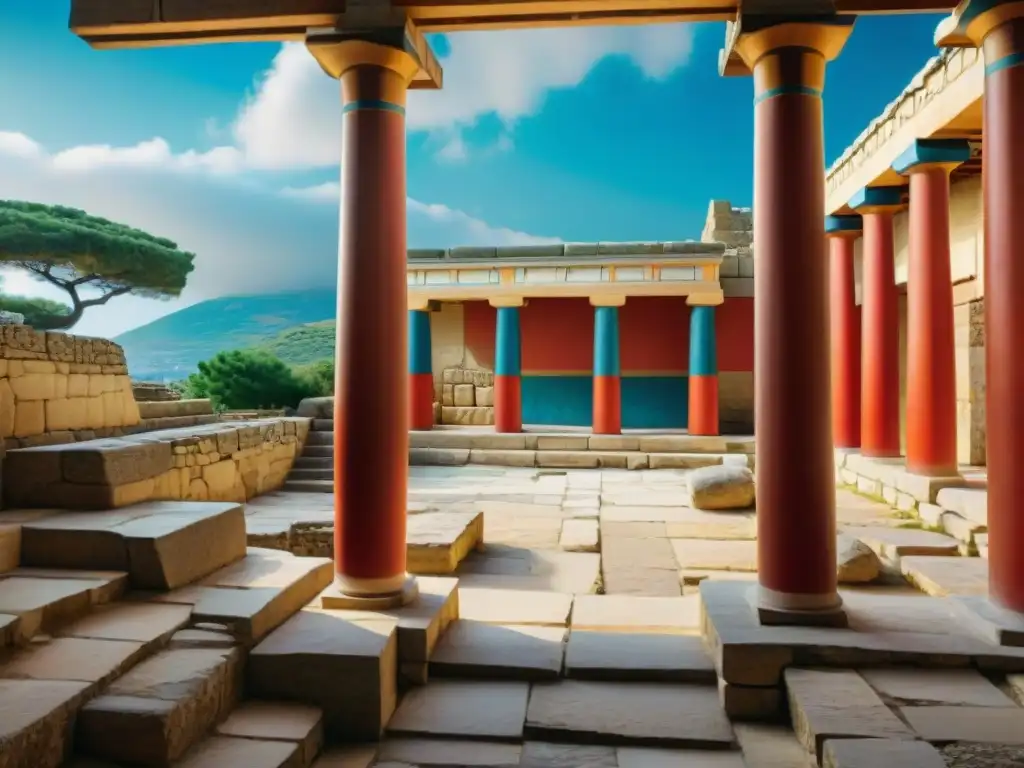 Explora la riqueza arquitectónica de las antiguas ruinas de Knossos en Creta, con columnas majestuosas y frescos que evocan la mitología del Minotauro