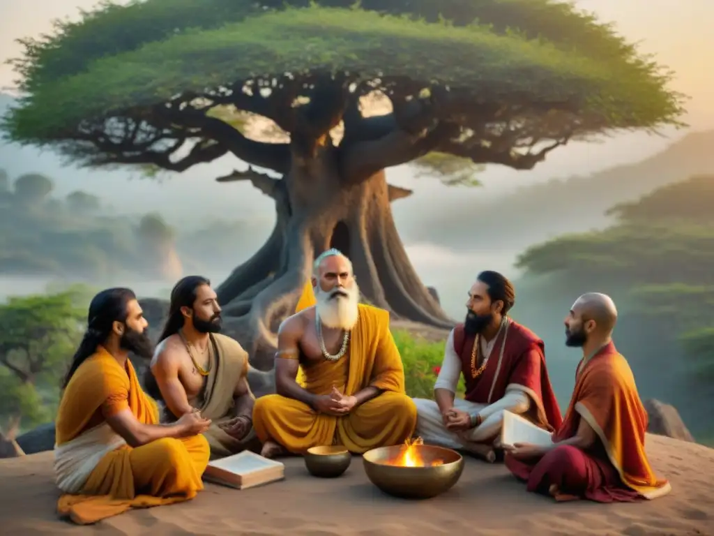 Siete Rishis bajo un majestuoso árbol Bodhi al atardecer, transmitiendo enseñanzas eternas