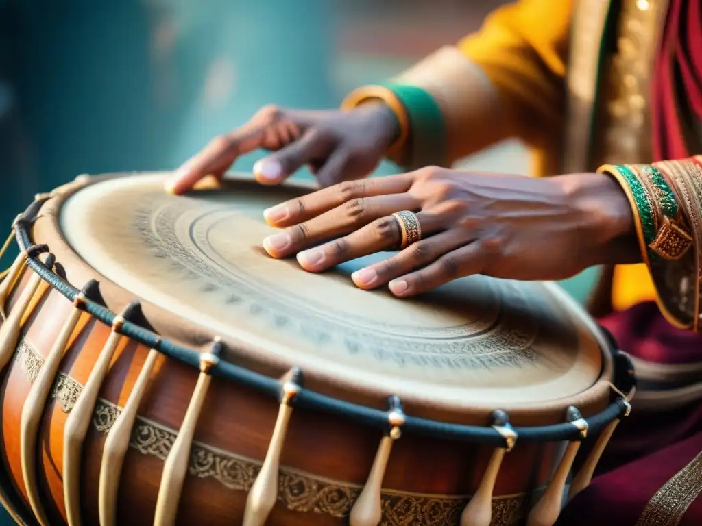 Ritmos musicales de la India Antigua: músico tocando tabla decorada con precisión y gracia