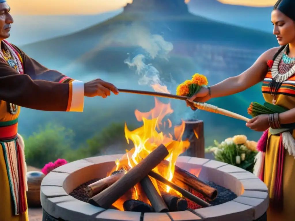 Ritos de purificación Aztecas: Ceremonia ancestral con fuego sagrado, ofrendas de flores y hierbas, sacerdotes en reverencia al atardecer dorado